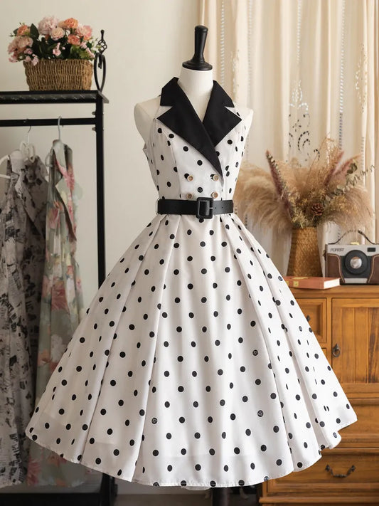 Dress Blazer Collar Retro Pattern Polka Dots White and Fashion 1950s Black