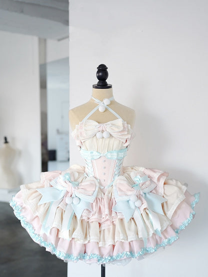 Mint Green Waist Pink Basque and Bowknots and Pompons Sweet Balletcore Puffy Lace-up Dress Decoration