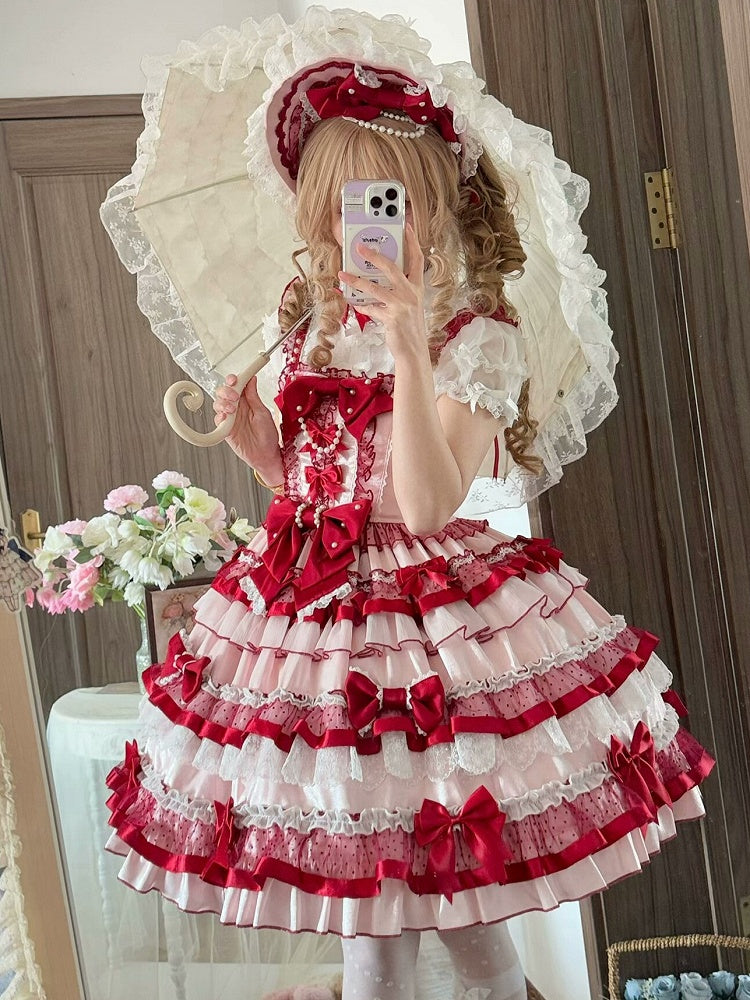 Robe Lolita Old School rose et rouge avec jupe à volants superposés et nœuds papillon