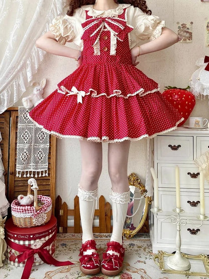 Overall Old Pattern Lolita School Polka-dot Red Dress