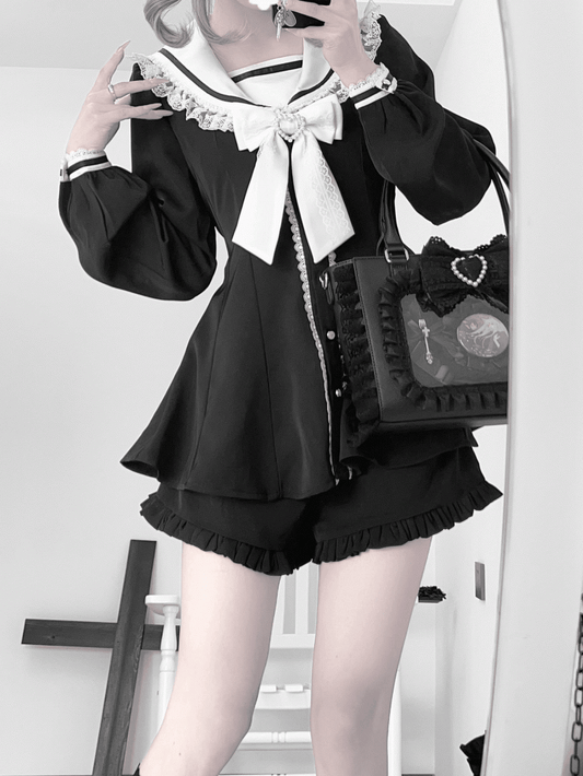 Black White Kei + Ears Bow Mini Dress + Ruffle Hem Shorts Jirai and Back Tie Sailor Collar Bunny Design Set-