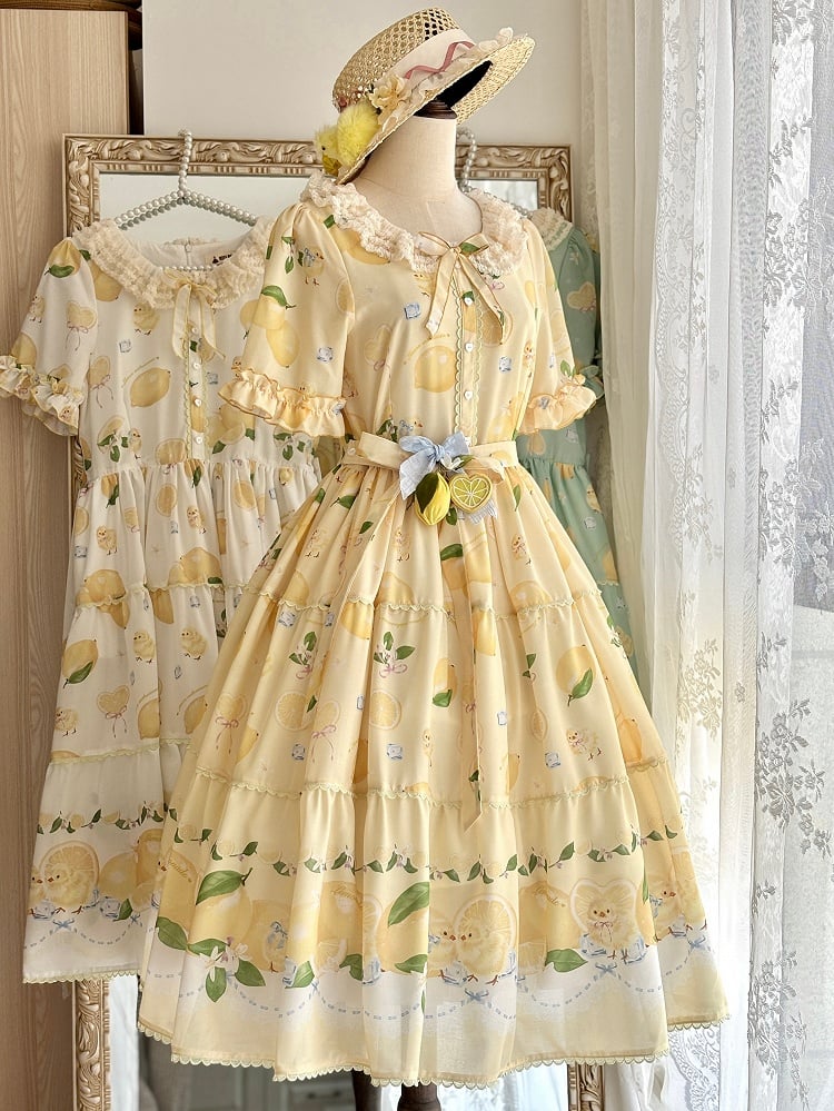 and Spring Chick Dress Sleeves Short Summer for Print Lolita Lemon Yellow
