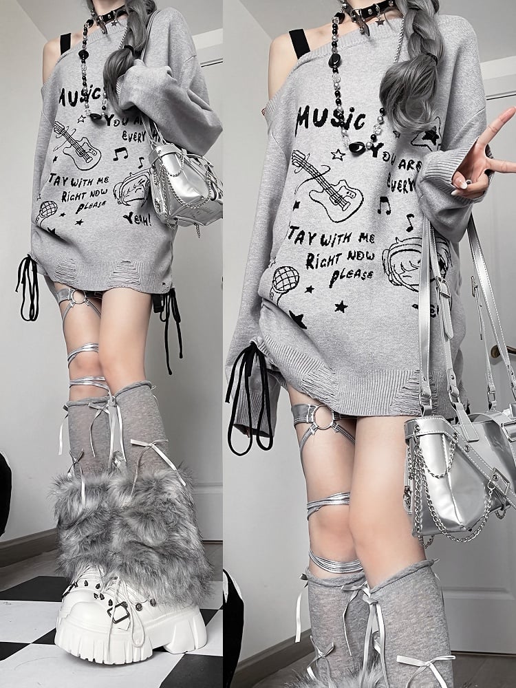 Grey Guitar Girl Asymmetrical Neckline Loose Sweater Drawstring Detail