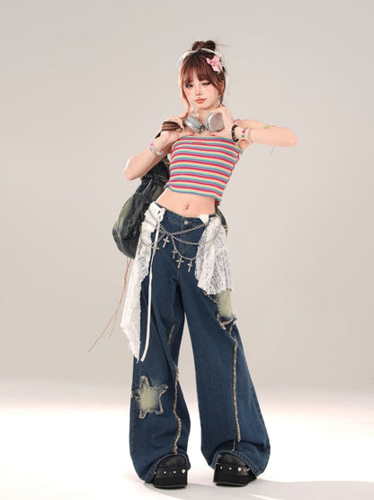 Blue Raw Edge Star Wide Leg Jeans