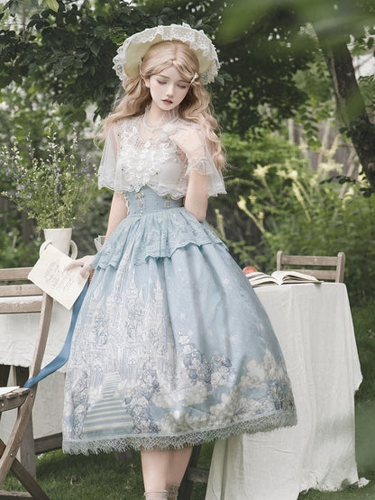 White Skirt High Cape Waist Top Cami + Tulle Print Castle Blue