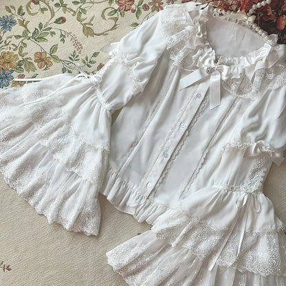 Rüschenglocke Weiß Verzierter Ausschnitt Ärmel Bowknots Bluse