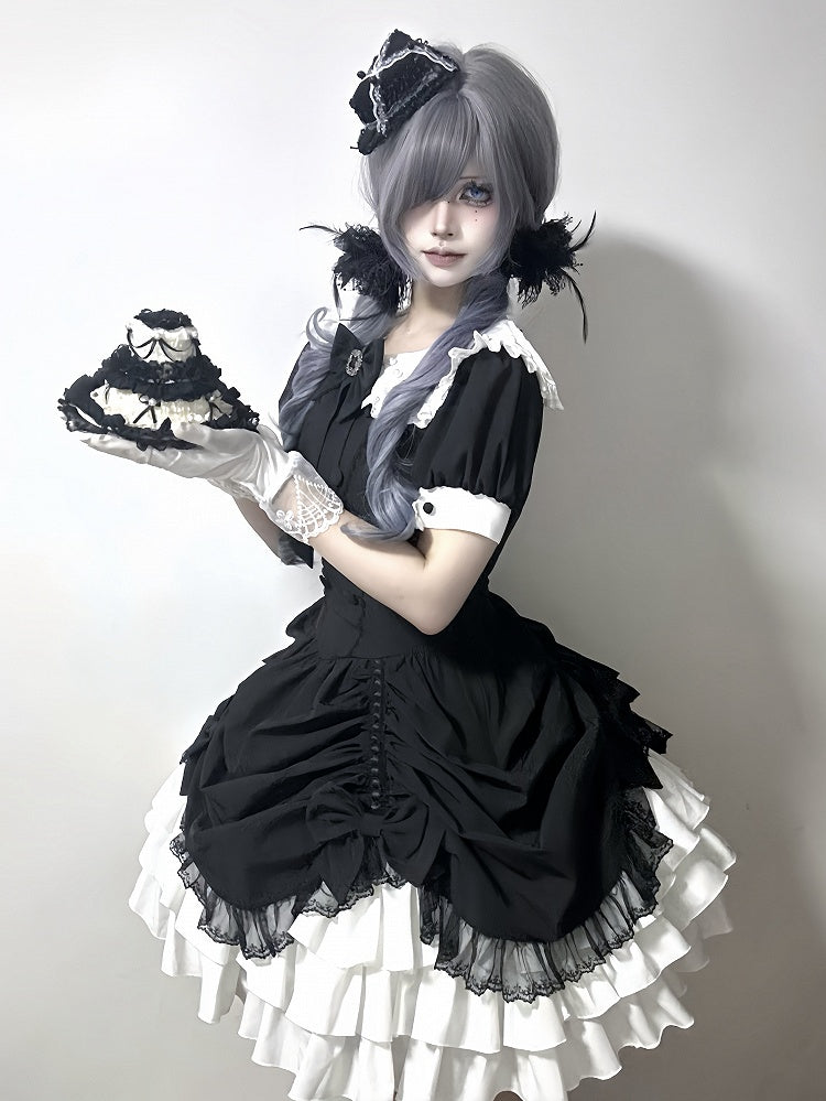 und asymmetrisches Kleid Schwarz Lolita Peter Pan Weißer Rock Stufen Gothic Ärmel Kragen Kurz