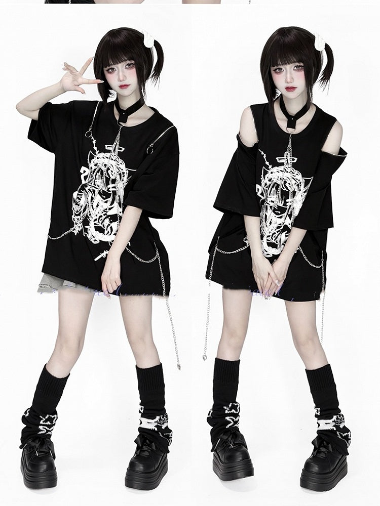 Chain Anime with Convertible Blue T-Shirt Shoulder Detachable Zip Black Choker Print White /
