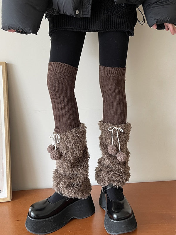 Cute White/Black/Brown Y2K Knit Leg Warmers With Pompons