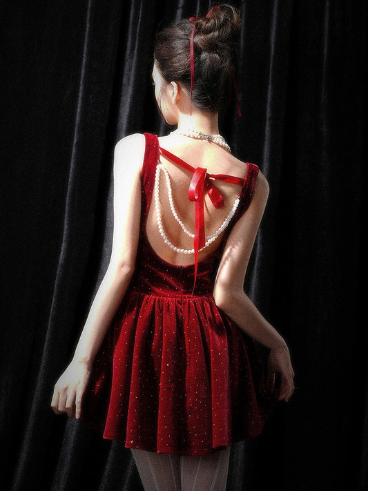 Rhinestones Embellishments Christmas Wine Red Backless Dress Bead Details