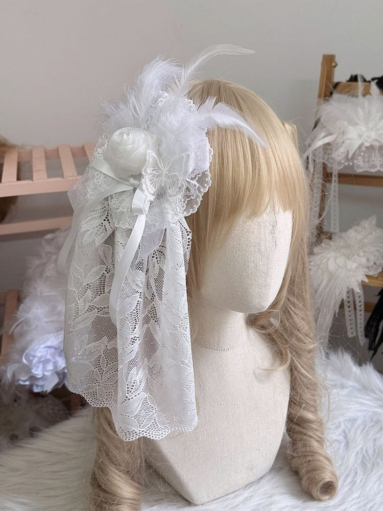 with Lace Feather and Decorations Floral Veil Black/White Hairclip