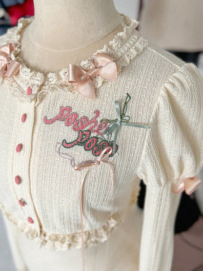 Creamy Embroidery Detail Long Sleeves Knitted Top