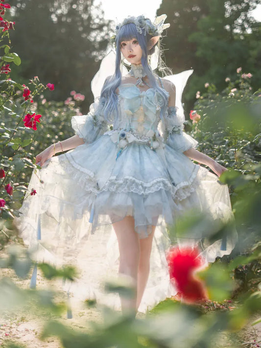 Full Light Butterfly Dress Lolita JSK Blue Design Set Floral Fairy Princess