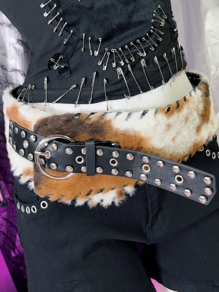 Black Studs and Rings Plush Buckle Belt