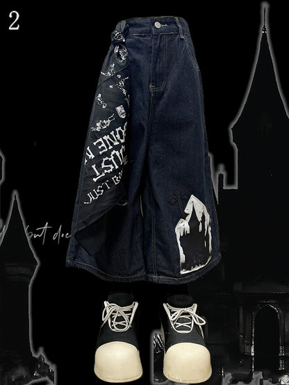 Shorts mit Kreuzapplikation, dunkelblau, Distressed-Löcher, weites Bein, Cargo, Y2K