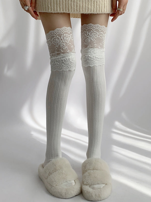 Lace Gray/Beige/Light Gray White/Black/Dark Knitted Over-knee Trim Stockings