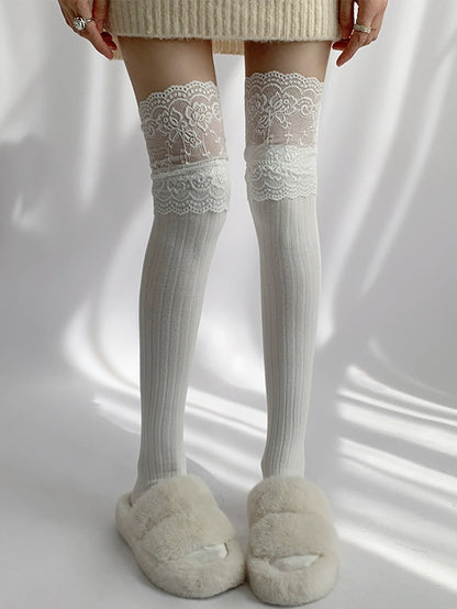 Lace Gray/Beige/Light Gray White/Black/Dark Knitted Over-knee Trim Stockings