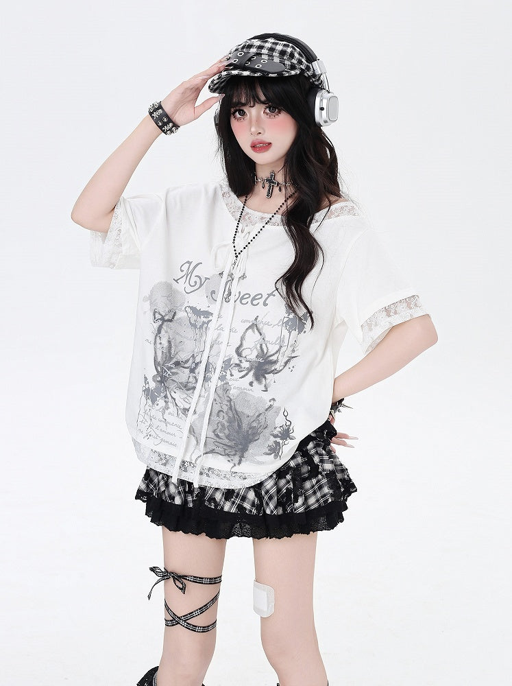Black/White Graphic T-Shirt Hem Patches Asymmetrical Lace-up Neckline Lace