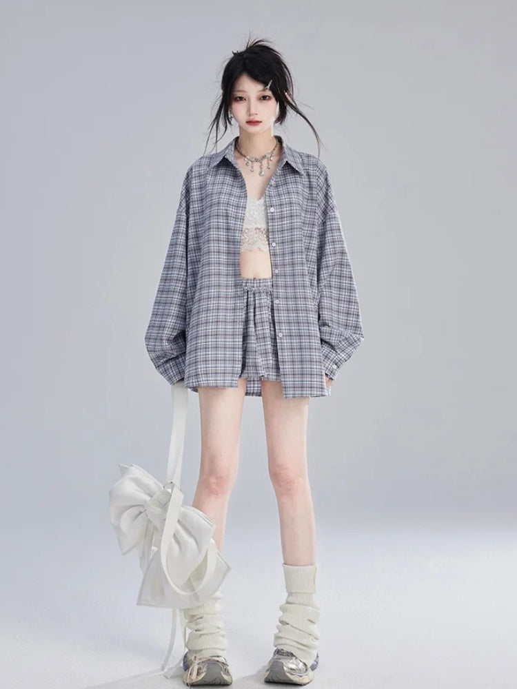 Loose Blue  White Plaid Vintage Shirt/Bubble Skirt