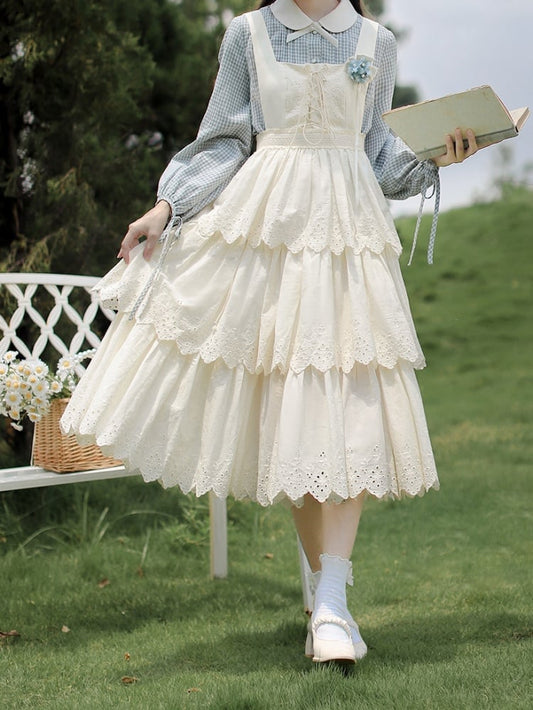 Lace-up White Cottagecore High Waist Overall Dress Tiered Skirt