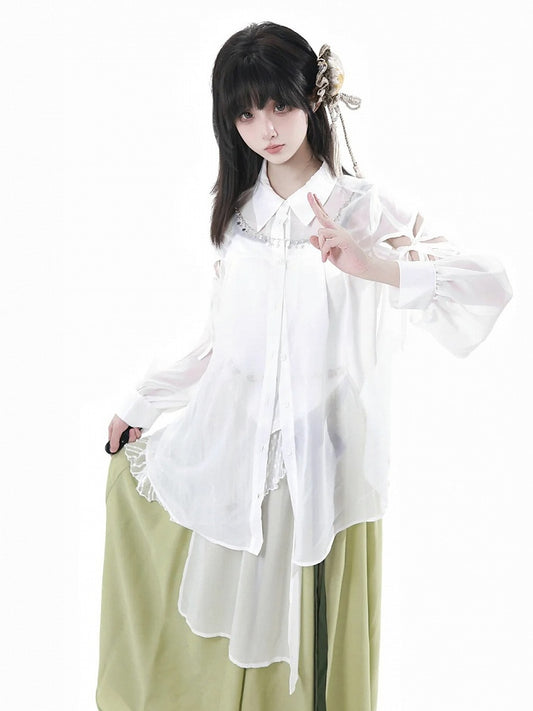 White Sheer Chiffon Style Shirt Long Sleeves Version Butterfly-shaped Cutout Cheongsam