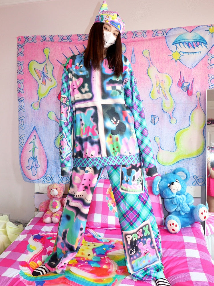 Cartoon Fashion Print Blue/Red Gyaru Plaid Pattern Sweatshirt