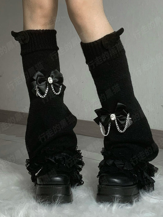 Jirai Kei Black Rhinestone Bow Wings Lace Trim Leg Warmers