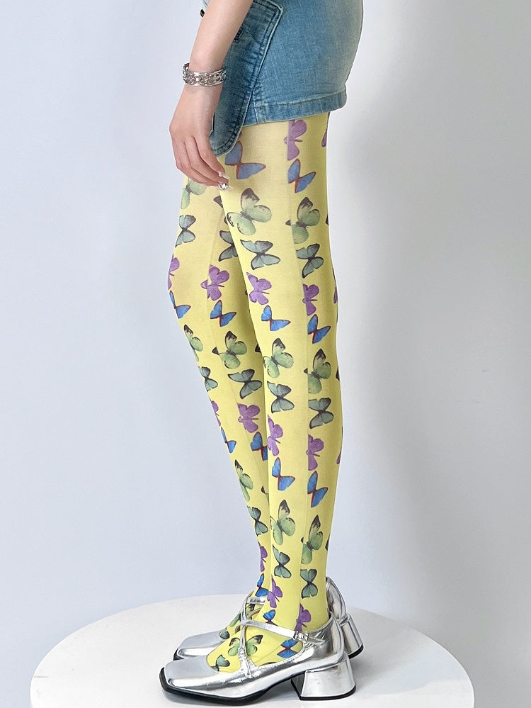 Tights Butterfly Print Yellow/Black