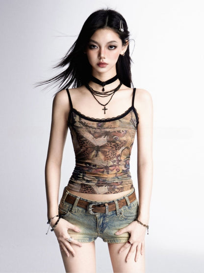 Mesh Cami Top Bittersweet Wasteland Punk Brown Butterfly Print
