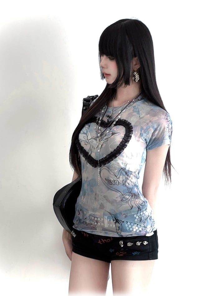 T-Shirt Blau Sweetheart Rüschen Grafik Mesh
