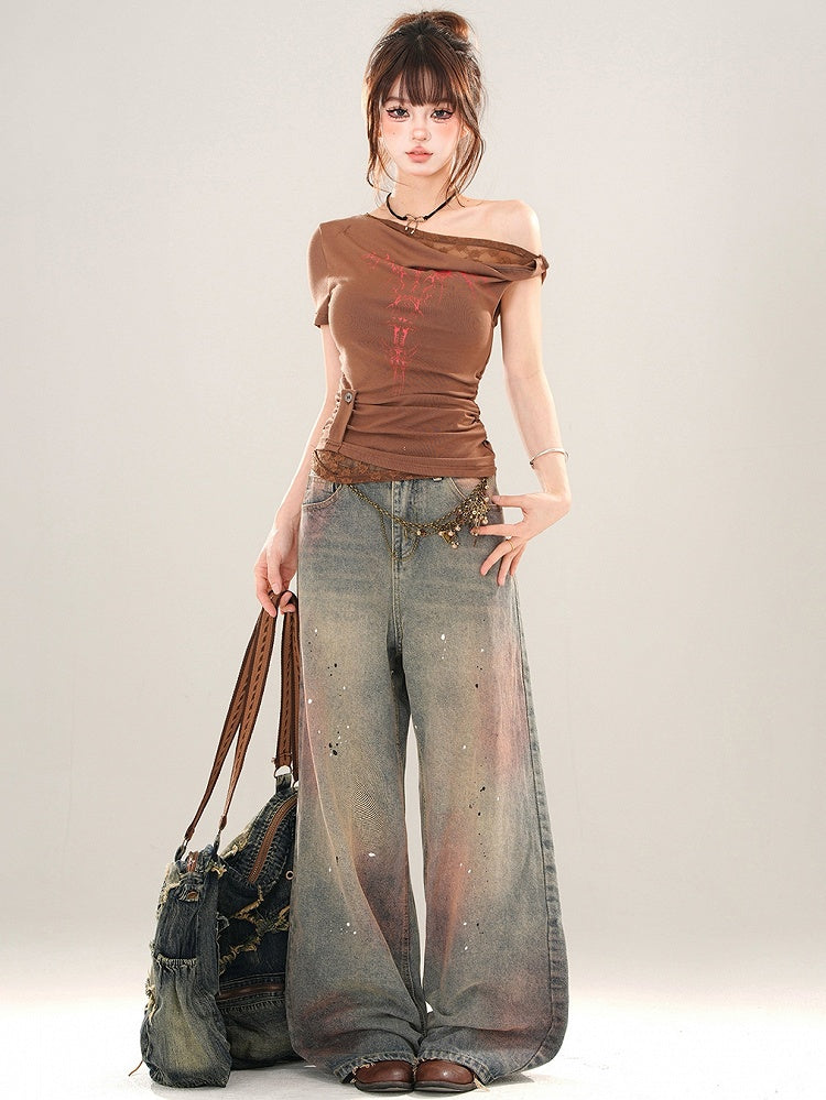 Splash Ink Details Pink Wide-leg Blue Faded Jeans Cut Wash and
