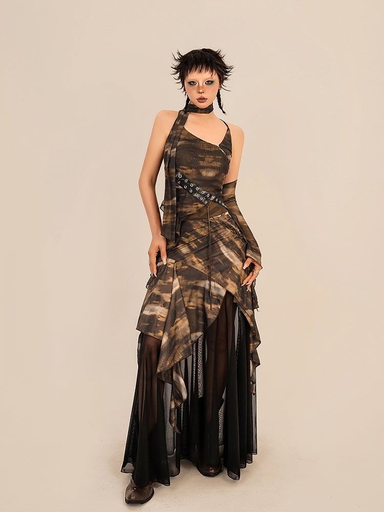 Tie-Dye Floor Length Coffee Punk Skirt with Black Mesh Lining