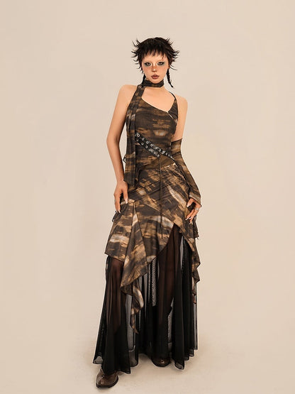 Tie-Dye Floor Length Coffee Punk Skirt with Black Mesh Lining