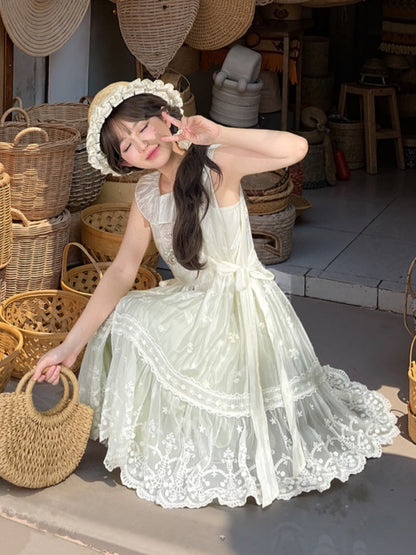 Side Self-tie Fawn Embroidery Chiffon Overdress Neckline with White Semi-Sheer Ruffle Straps