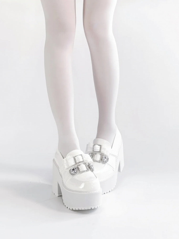 with Jirai Platform Matte Rhinestone Bow White 10cm Heart Loafers Kawaii Kei Heel