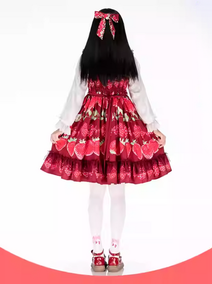 Bas Lolita roses à imprimé fraises et nœuds