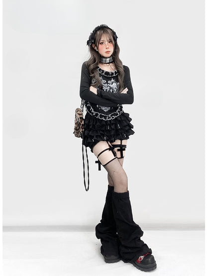 Gothic Black Y2K Ruffle Neckline Asymmetrical Hem Top