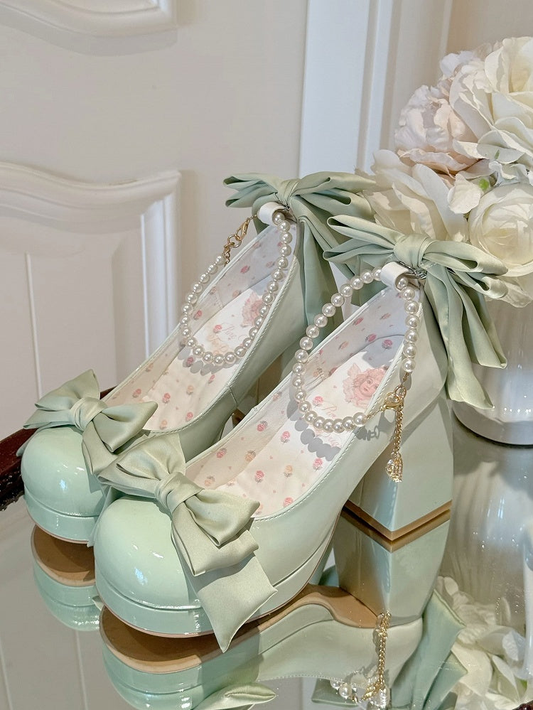 Grüne Lolita-Plateauschuhe mit Schleife und runder Mary-Schuh-Details