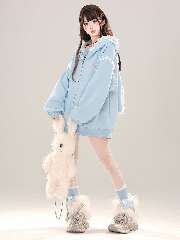 Blue/Apricot Bunny Ears Lace Trim Zip Hoodie