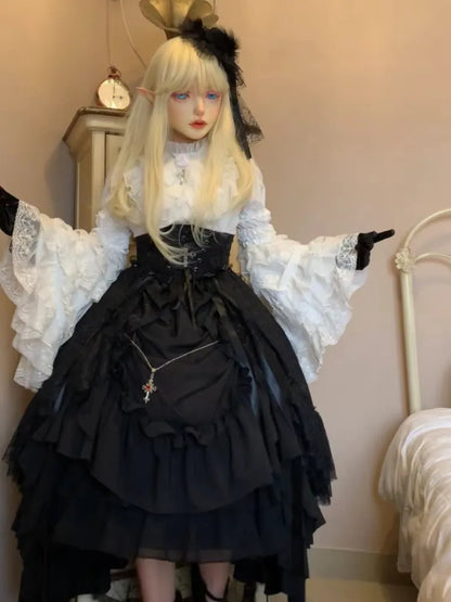 Black Waist Under Drawstring Lolita High Corset / Gothic Boned Skirt