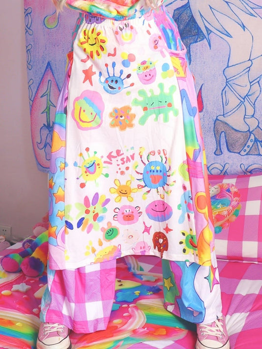Cartoon Print Colorful A-Line Elastic Waist Skirt Y2K