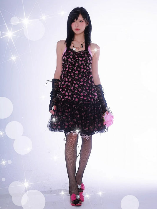Robe dos nu à imprimé floral noir Gyaru