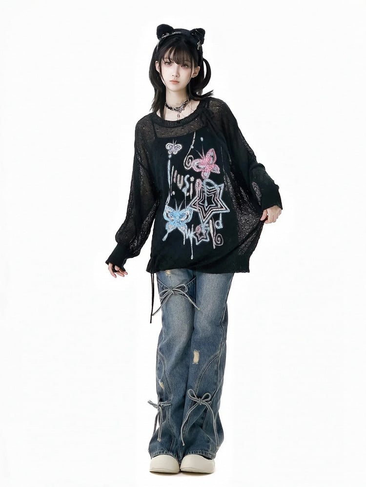 Bow Accents Flared Jeans Blue Faded Wash Distressed Holes Light