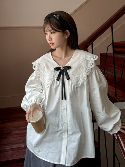 White Oversized Lace Collar Ruffled Cuff Loose Blouse