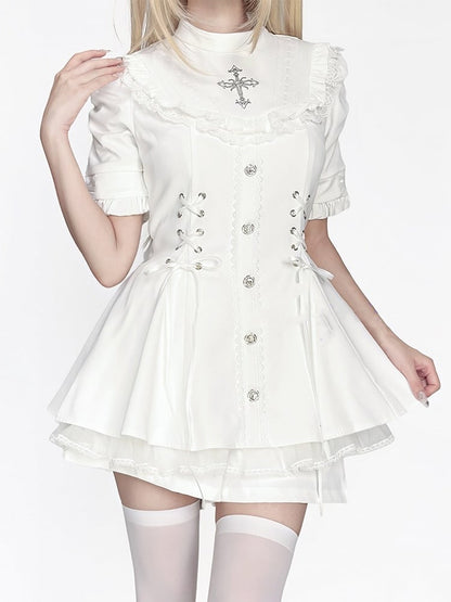 Bow Short Tie Bib Detachable Kei with Dress All-White Jirai Set Sleeve