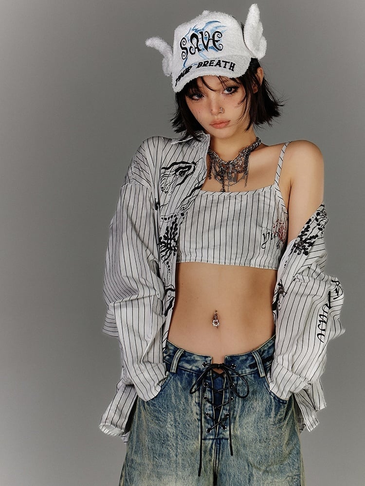 Silhouette Oversized-Shirt mit schwarz-weißen Streifen und Graffiti-Print