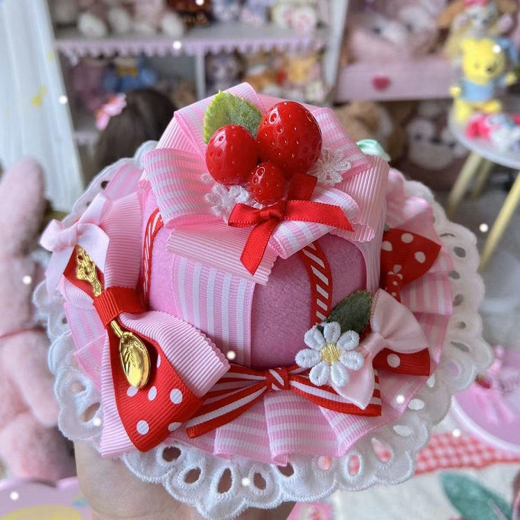 Bowknot Lace Design Trim Mini Pink Floral Strawberry Hat Decorated Details