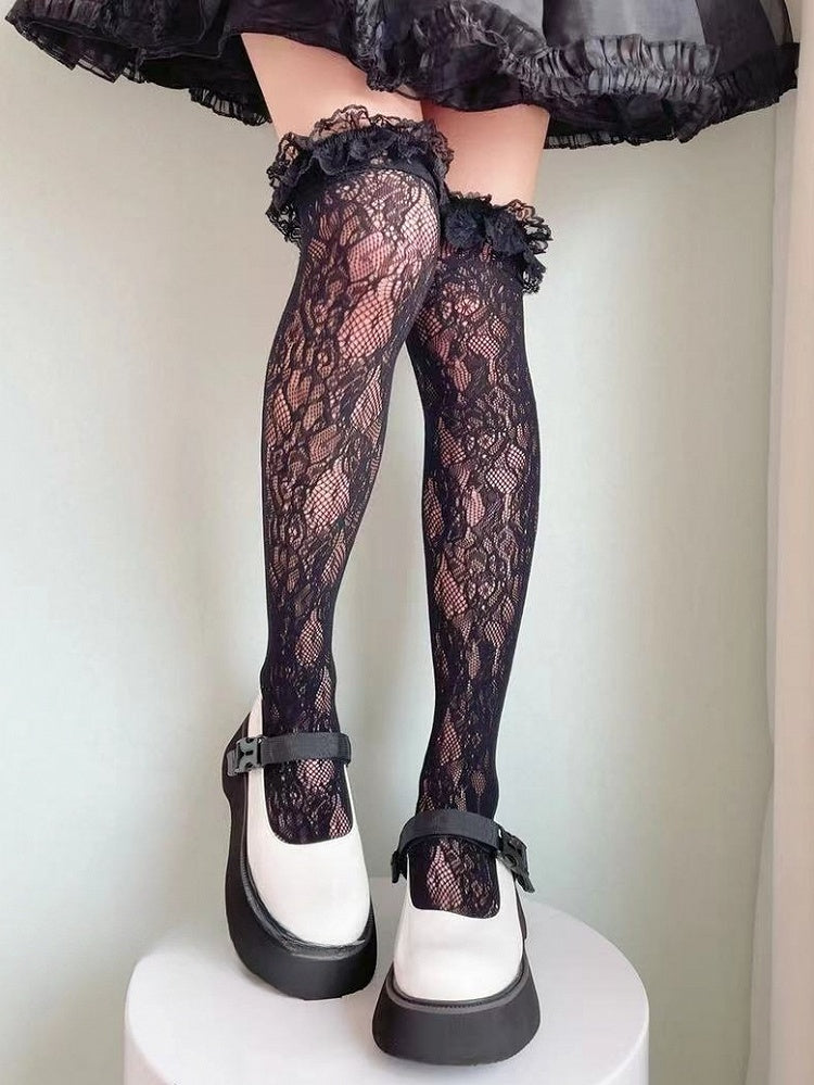 Bas Lolita au-dessus du genou à volants en dentelle blanche et noire