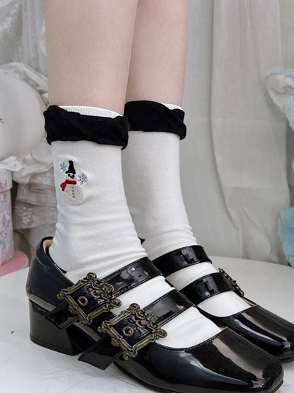 White Black Cute Snowman Embroidered Calf Socks