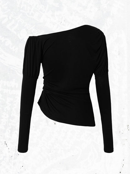 Grunge Aesthetic Neck Punk Black Side Stretch Button Details Asymmetrical Top with